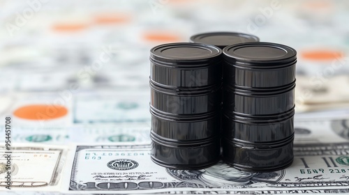 Close-up of oil barrels on US dollar bills symbolizing the connection between oil prices and the economy. Financial concept.