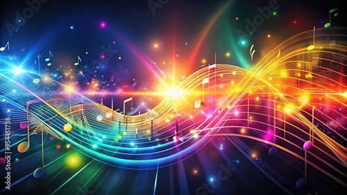 Vibrant colors swirl around audio waveforms and music notes, blending digital soundscapes with creative abstraction, conveying the essence of rhythm and melody in a visual harmony. photo
