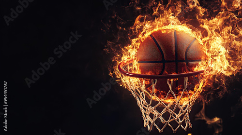 Epic Basketball on Fire Against Dark, Background Intense Sports Drama