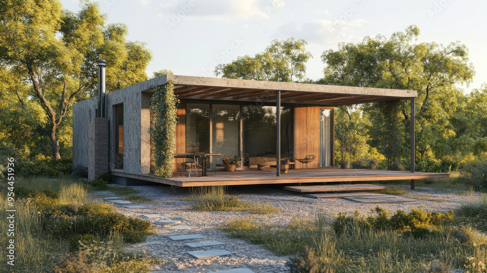 Photorealistic view of a small, hand-built home with natural materials, showcasing sustainable Photorealistic view of a small, hand-built home with natural materials, showcasing sustainable