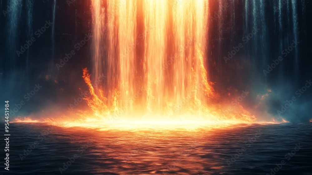 Fiery Waterfall Descending into a Dark and Rippling Sea Fiery Waterfall Descending into a Dark and Rippling Sea