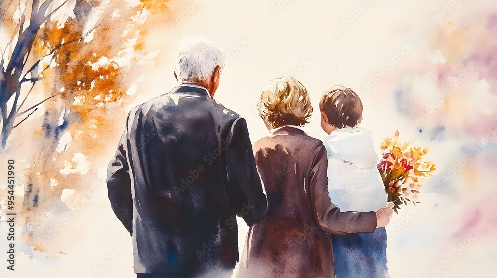 Artistic watercolor painting of a Grandparents Day scene, with detailed family interactions and a soft white backdrop, gentle light illuminating the tender and nostalgic atmosphere Artistic watercolor painting of a Grandparents Day scene, with detailed family interactions and a soft white backdrop, gentle light illuminating the tender and nostalgic atmosphere