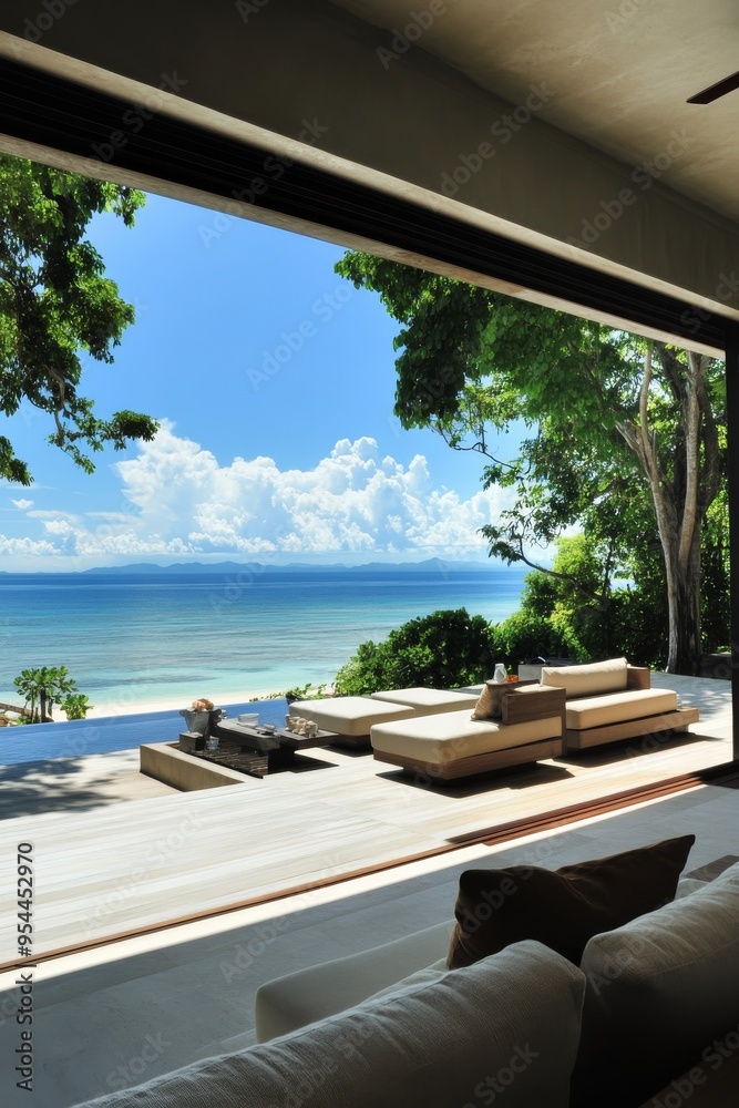 Fototapeta premium Serene Luxury: A Modern Villa OverlookingPrivate BeachMinimalist Elegance