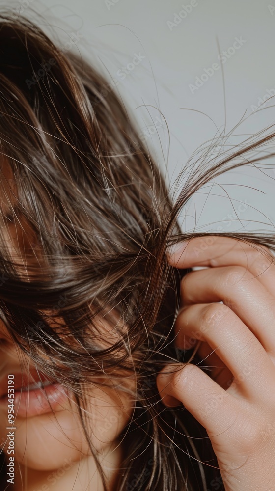 A woman gently touches her long brown hair, revealing broken and dry ends. The clean background highlights the focus on hair care issues and beauty A woman gently touches her long brown hair, revealing broken and dry ends. The clean background highlights the focus on hair care issues and beauty