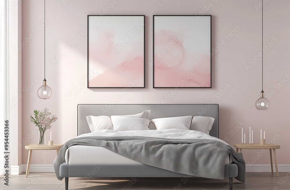 A modern bedroom with light pink and white walls, two vertical frames on the wall above the bed, a pink abstract painting in the frames, a wooden floor A modern bedroom with light pink and white walls, two vertical frames on the wall above the bed, a pink abstract painting in the frames, a wooden floor