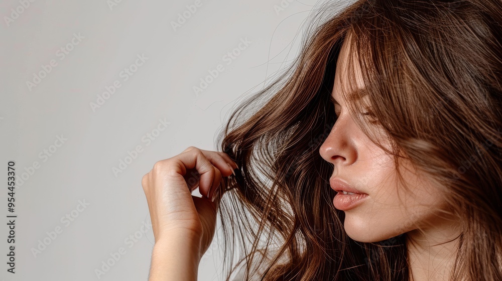 A woman gently holds her long brown hair, showcasing dry and broken ends, set against a plain white background. This highlights common hair care concerns A woman gently holds her long brown hair, showcasing dry and broken ends, set against a plain white background. This highlights common hair care concerns