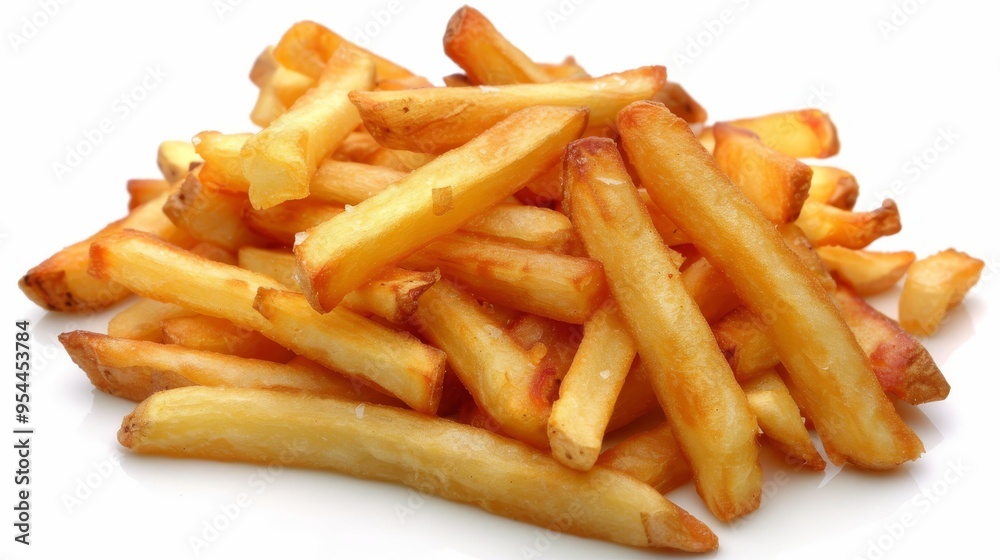 Delicious flat lay image of crispy french fries on a clean white background for culinary inspiration Delicious flat lay image of crispy french fries on a clean white background for culinary inspiration