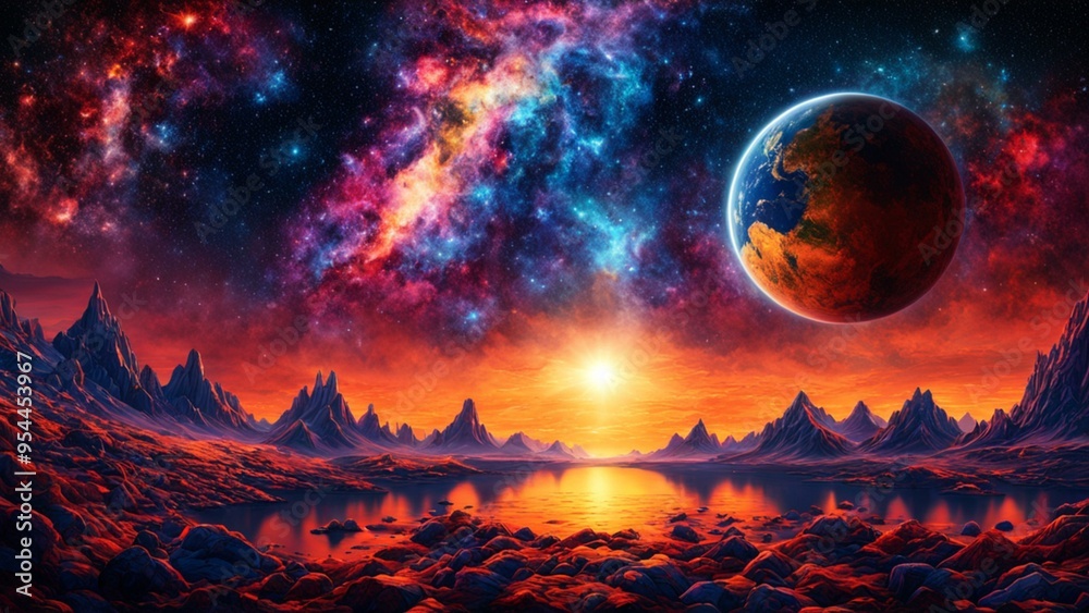 Alien Planet Landscape with Earthlike Planet Starry Sky and Colorful Nebula Alien Planet Landscape with Earthlike Planet Starry Sky and Colorful Nebula