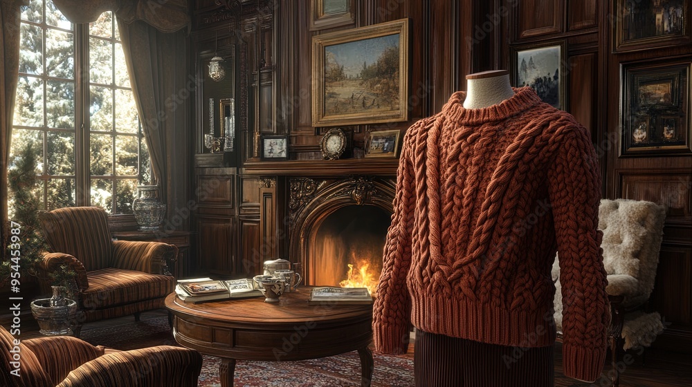 Cozy Elegance: A Deep Rust Sweater in an Antique Study - Perfect as a Poster for Warm, Inviting Sports Interiors Cozy Elegance: A Deep Rust Sweater in an Antique Study - Perfect as a Poster for Warm, Inviting Sports Interiors