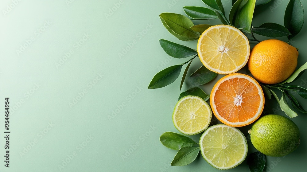 A collection of oranges, limes, and lemons resting against a green backdrop amidst leafy foliage A collection of oranges, limes, and lemons resting against a green backdrop amidst leafy foliage