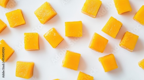 Mango dices arranged on a white background.