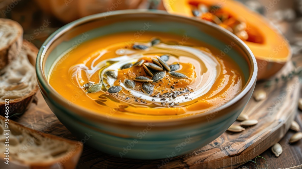 Warm and creamy pumpkin soup topped with seeds, served with crusty bread. Perfect for autumn dining and cozy gatherings. Warm and creamy pumpkin soup topped with seeds, served with crusty bread. Perfect for autumn dining and cozy gatherings.