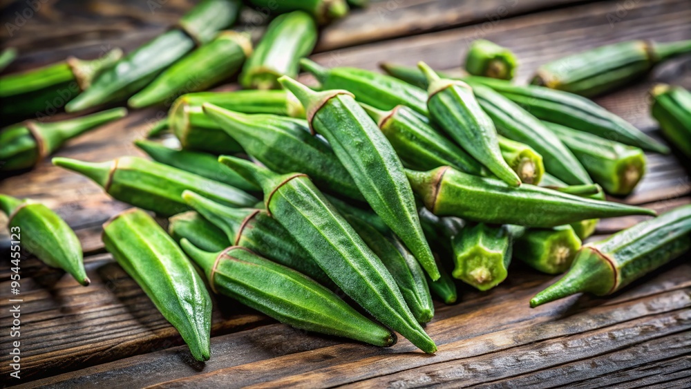 Vibrant green okra seeds scattered on a rustic wooden table, surrounded by soft natural light, showcasing their unique shape and texture in warm, earthy tones.