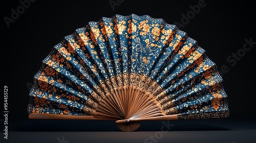Elegant Asian folding fan with floral pattern on a dark background, capturing intricate embroidery and delicate craftsmanship.