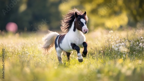 Shetland breed ponies in miniature size galloping across a pasture. photo