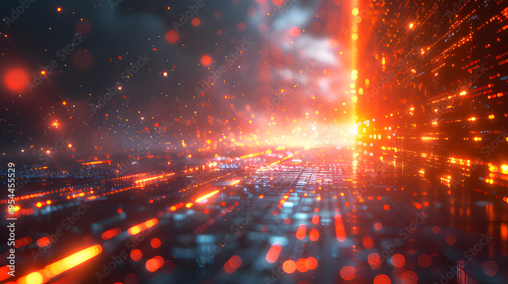 Fototapeta premium Technology Abstract Texture Background. Light shines through future world. Holographic light is wave orange falling in at night. Beautiful effect light sparkling meteors on black background. 