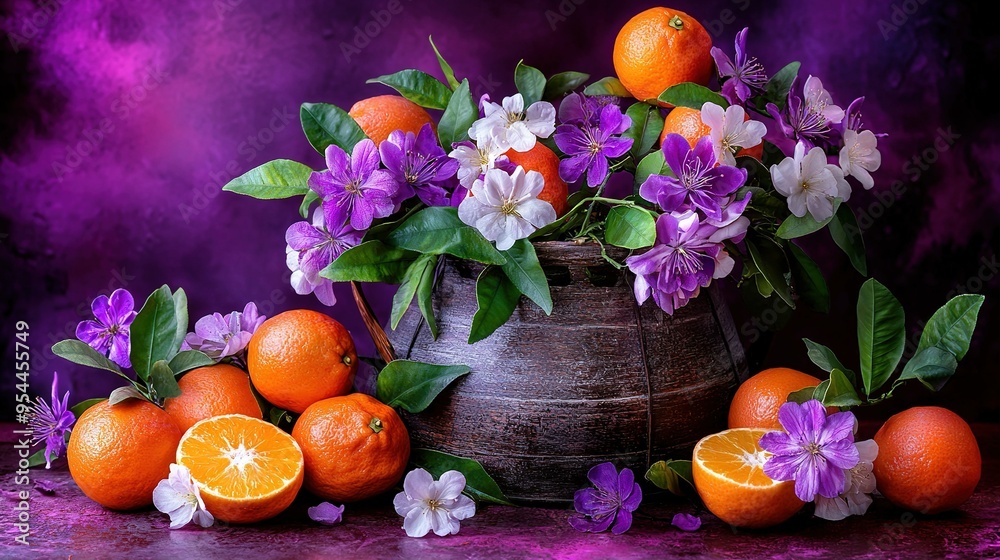 A basket brimming with numerous oranges and vibrant flowers adjoins an assortment of oranges on a table A basket brimming with numerous oranges and vibrant flowers adjoins an assortment of oranges on a table