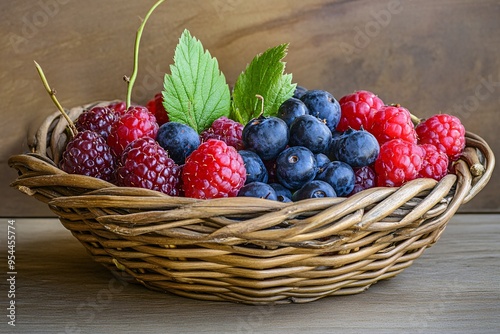 A woven basket filled with assorted berries, symbolizing the natural sweetness of plant-based foods and promoting healthy snacks photo