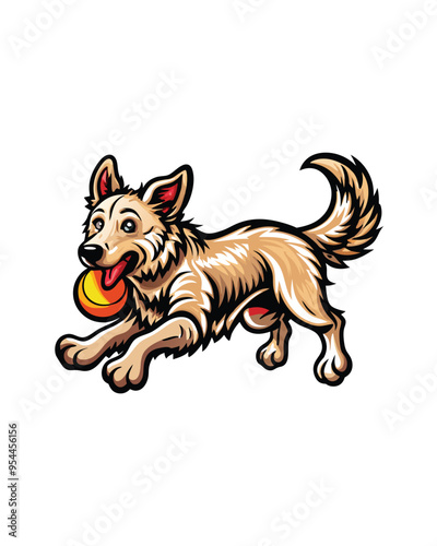 Editable stroke vector of a playful dog chasing a frisbee.