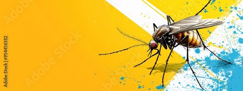  A detailed shot of a fruit fly against a vibrant backdrop of yellow and blue, with a smear of paint to its left