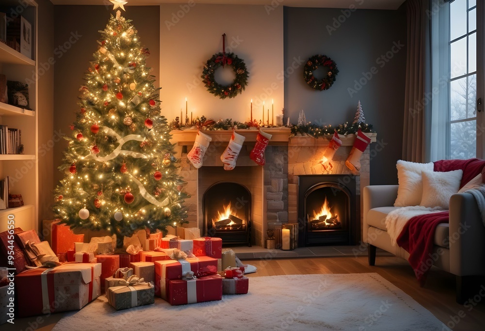 A cozy Christmas living room with a decorated Christmas tree, fireplace, and various holiday decorations and gifts. A cozy Christmas living room with a decorated Christmas tree, fireplace, and various holiday decorations and gifts.