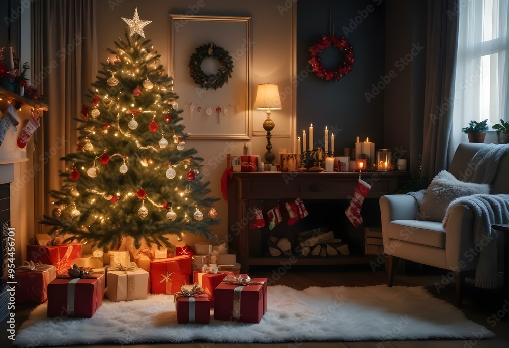 A cozy Christmas living room with a decorated Christmas tree, fireplace, and various holiday decorations and gifts. A cozy Christmas living room with a decorated Christmas tree, fireplace, and various holiday decorations and gifts.