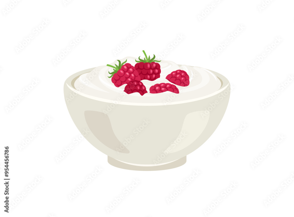 Yogurt with raspberry in white bowl. Vector cartoon illustration of healthy food. Yogurt with raspberry in white bowl. Vector cartoon illustration of healthy food.
