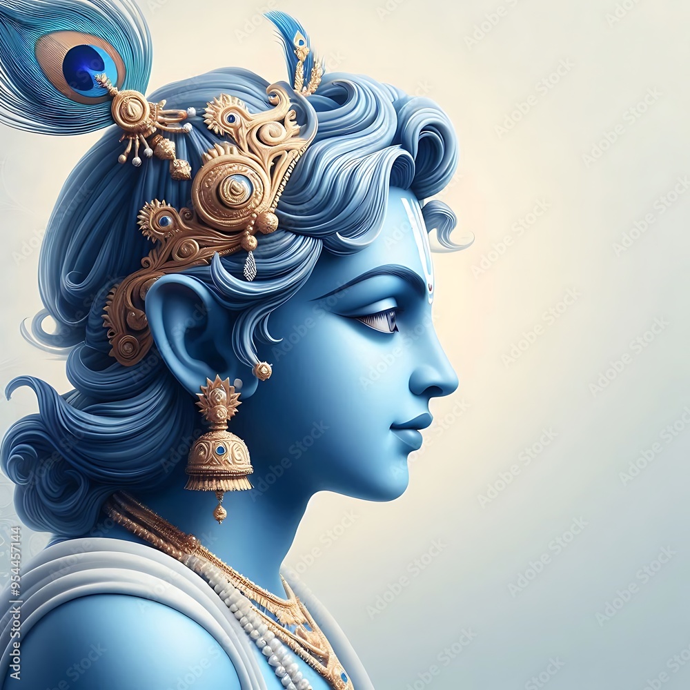 Krishna with Blue Skin on a Light Background, Celebrating His Birth as the Eighth Avatar of Vishnu for Shree Krishna Janmashtami
Krishna with Blue Skin on a Light Background, Celebrating His Birth as the Eighth Avatar of Vishnu for Shree Krishna Janmashtami