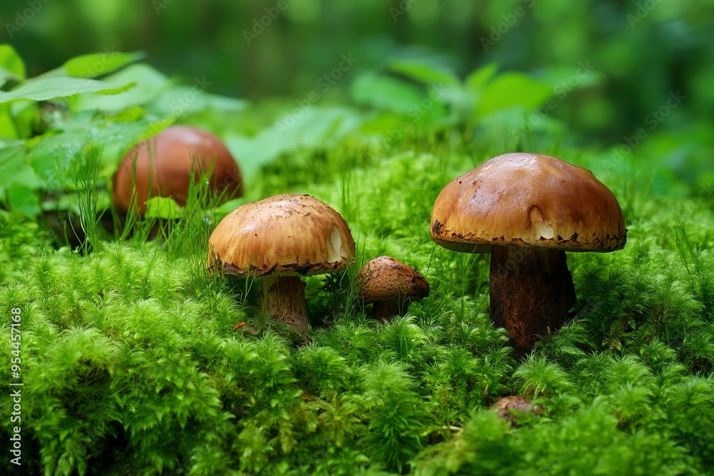 Boletus mushrooms growing in green moss covered forest. Generative Ai Boletus mushrooms growing in green moss covered forest. Generative Ai