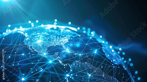 A globe with network lines and nodes representing global commerce connections.