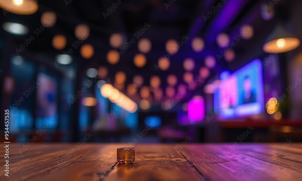 Obraz premium Empty wooden table, blurred neon light bokeh background