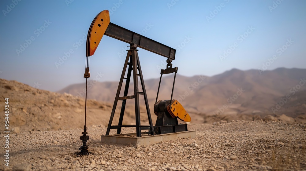 Oil pump jack on a desert plain with mountains in the distance under a clear blue sky, symbolizing energy resource extraction in remote areas. Oil pump jack on a desert plain with mountains in the distance under a clear blue sky, symbolizing energy resource extraction in remote areas.
