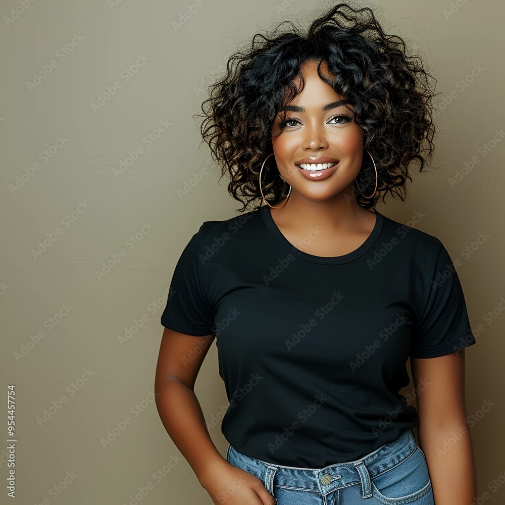 Black Woman Smiling Wearing Black Crewneck T-shirt with Neutral Taupe, Blank T-shirt Mockups Black Woman Smiling Wearing Black Crewneck T-shirt with Neutral Taupe, Blank T-shirt Mockups