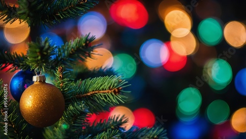 Christmas Tree With Baubles And Blurred Shiny Lights