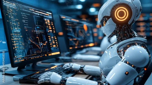 A robot is sitting at a computer keyboard, typing on a computer monitor