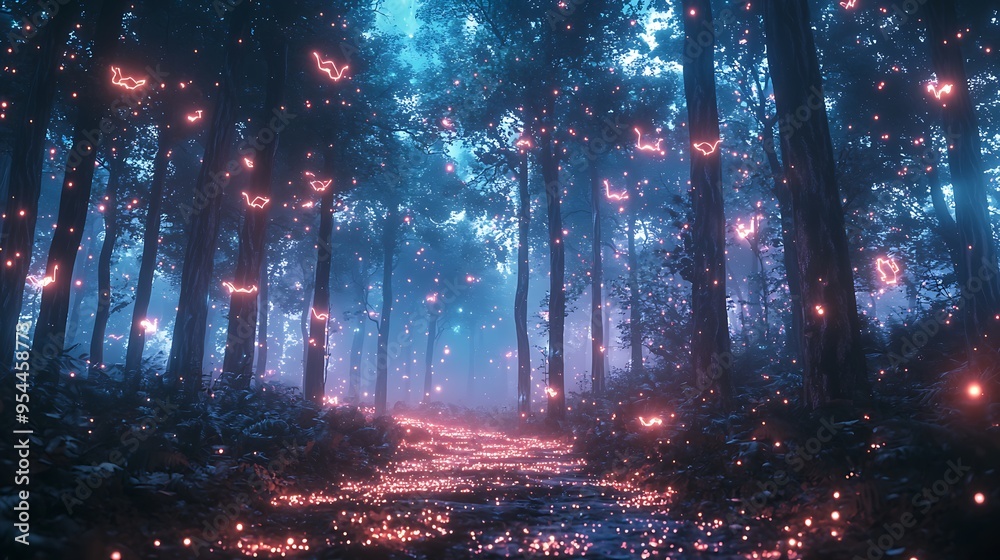 A mystical forest path, alight with glowing fireflies under the dark night sky. A mystical forest path, alight with glowing fireflies under the dark night sky.