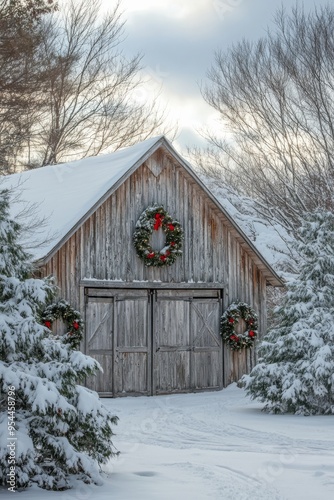Charming Winter Barn Radiating Warmth and Joy inSnowy Christmas Landscape