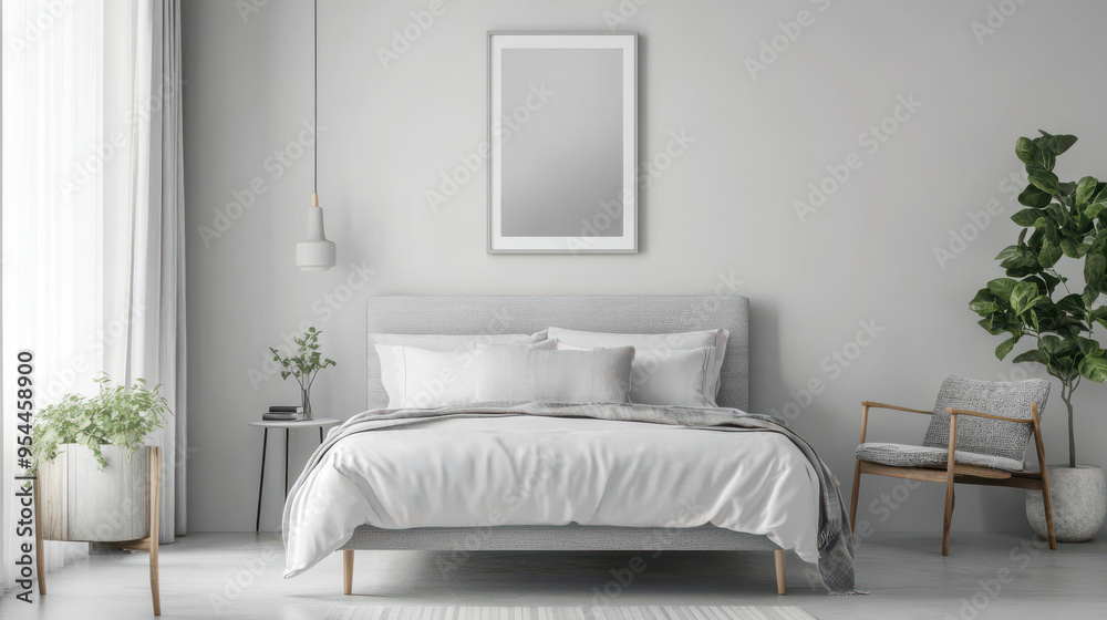 Fototapeta premium Serene minimalist bedroom, grey bed frame, light grey accent wall, white walls, calming