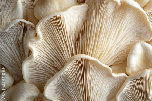 Bottom side of oyster mushroom hats with slats. Detail of lamellar texture of oyster mushrooms. Edible medicinal mushroom oyster mushroom isolated. Generative Ai