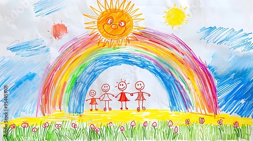 A colorful crayon drawing by a child featuring a bright rainbow, smiling sun, and stick figures of a happy family, all set against a light blue background. 8k UHD, suitable for high-quality 
