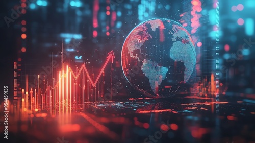 Stock market data visualization showing a rising graph and globe, representing global financial trends and economic growth.