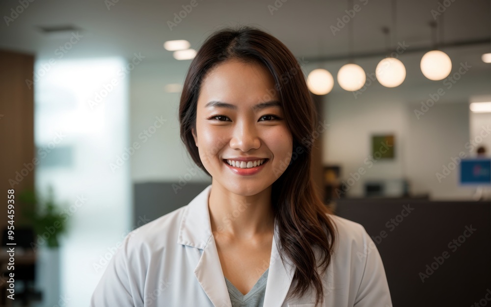 Content woman in lab coat standing in well-lit modern office Content woman in lab coat standing in well-lit modern office