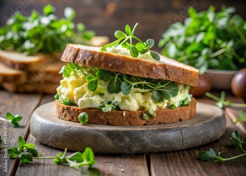 Fresh cress leaves curled around a generous helping of creamy egg salad, nestled between two slices of rustic sourdough bread, shot from a low angle to create a sense of drama.