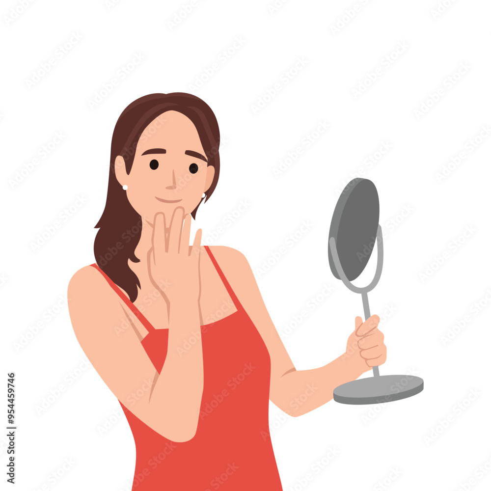 Young beautiful woman Holding a Mirror. Flat vector illustration isolated on white background Young beautiful woman Holding a Mirror. Flat vector illustration isolated on white background
