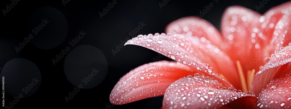 A tight shot of a red flower with dewdrops on its petals against a black background A tight shot of a red flower with dewdrops on its petals against a black background