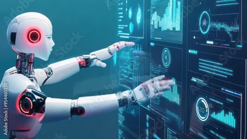 A robot is pointing at a computer screen with a lot of numbers and graphs