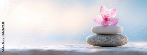  A pink flower atop rocks on a wooden table against a blue sky