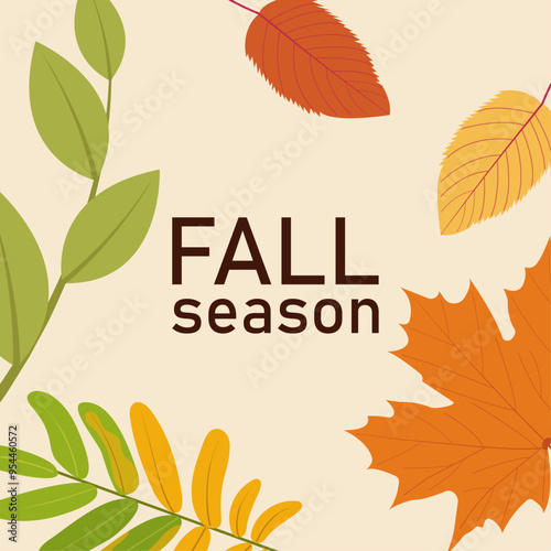 Autumn leaves background. Orange maple leaf and green rowan. Yellow and red aspen and birch leaf. Text fall season on beige background. Vector flat illustration. Banner with foliage. Leaf fall.