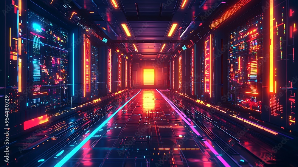 A futuristic neon corridor lined with data servers and glowing lines.