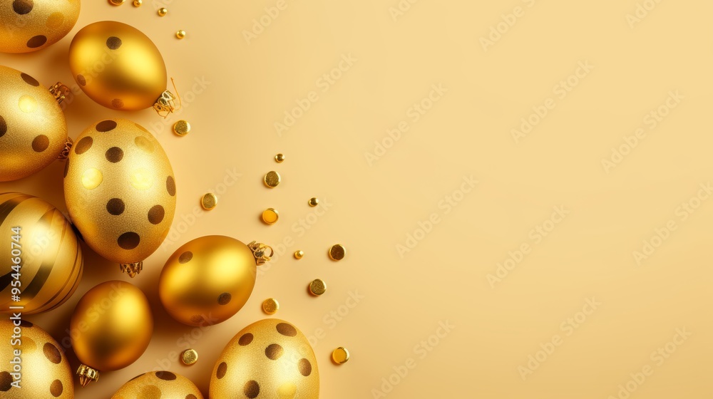Fototapeta premium Minimal easter concept: elegant golden easter eggs with stripes and dots framing yellow background, flat lay design with copy space for seasonal greeting or holiday card. Luxurious easter decor for mo